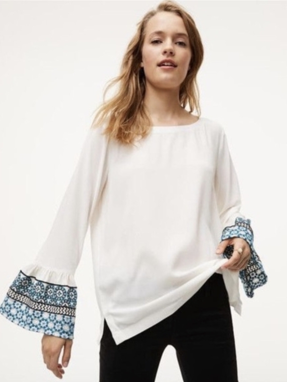 LOFT White Bell-Sleeve Blouse with Blue Patterned Cuffs